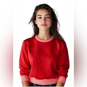 New medium, two-tone red, long sleeve crewneck fleece pullover top